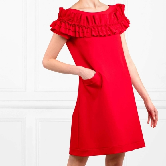 Anne Fontaine Petunia Red A-line Short Sleeve Pockets Dress With Ruffles EU 38 - Picture 2 of 16